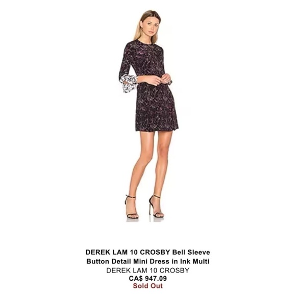 DEREK LAM 10 CROSBY • Silk Bell Sleeve Button Detail Mini Dress in Ink Multi - Picture 13 of 13